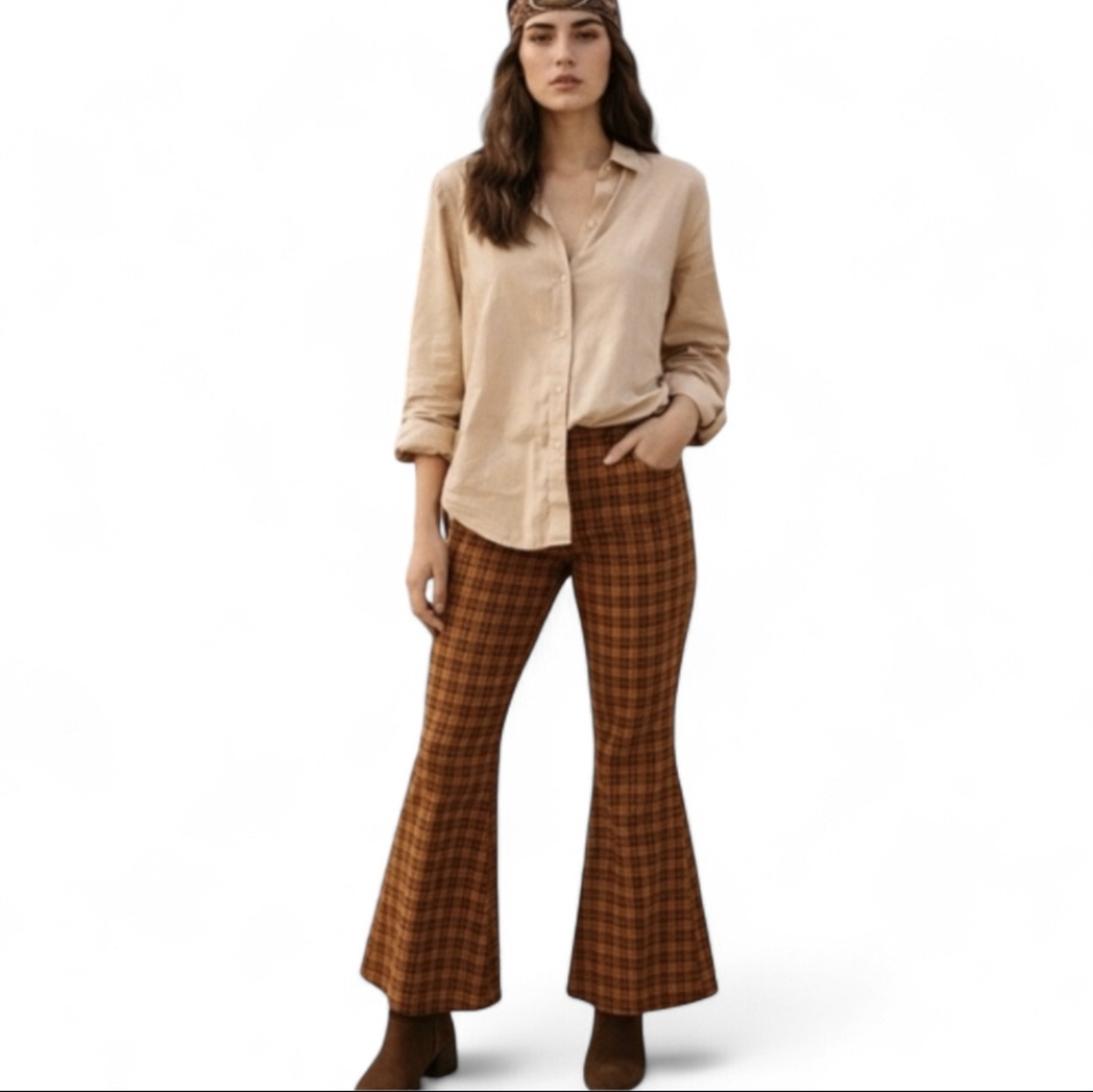 Vtg Punk Rock Mall Goth Plaid Orange/Brown Flare Pants Sz L W30 L31.5